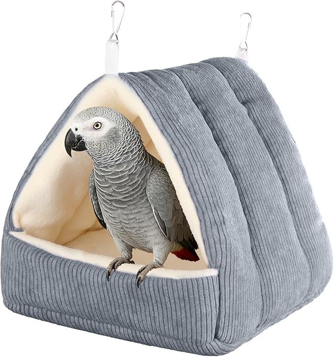 Large Winter Warm Bird House and Bird Bed for Cage with Soft Plush Hanging Hammock & Hut Tent, Hideaway Sleeping Nest for Macaws African Grey Amazon Parrots (Grey, L)