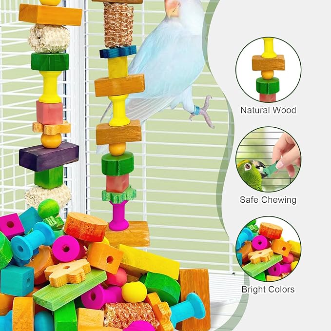 Parrot Toys Set,120 Pcs DIY Colorful Wooden Blocks & Corn Cob, Chew Training Enrichment Bird Toys for Large Cockatoos, Macaws, African Grey and Small Medium Parrots