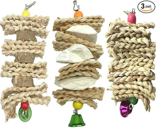 Hamiledyi Parrot Toys Chewing Bird Toy Cuttle Bone Beak Grinding Cage Hanging Bell Toys for African Greys Amazon Conure Eclectus Budgies Parakeet Cockatiel Hamster Chinchilla Rabbit 3 Pack