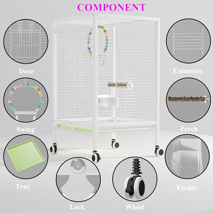 24-Inch Iron Bird Cage with Wheels, 61cm Height, Rolling Stand for Small Birds, Parakeets, Lovebirds, Canaries (White)