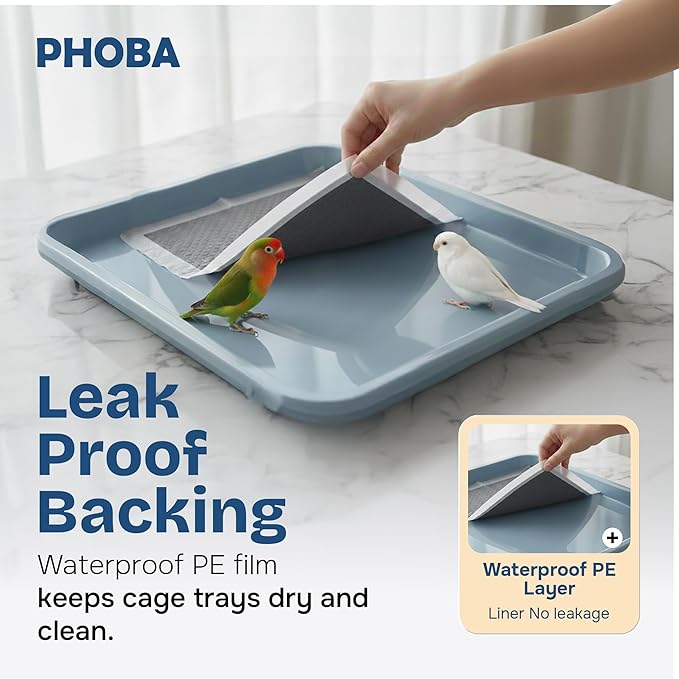 PHOBA Bamboo Charcoal Bird Cage Liners, 18''x24'', 100Sheets, Bamboo Charcoal Odor Control Papers, Super Absorbent Disposable Tray Mats for Parrots, Parakeets, Cockatiels.
