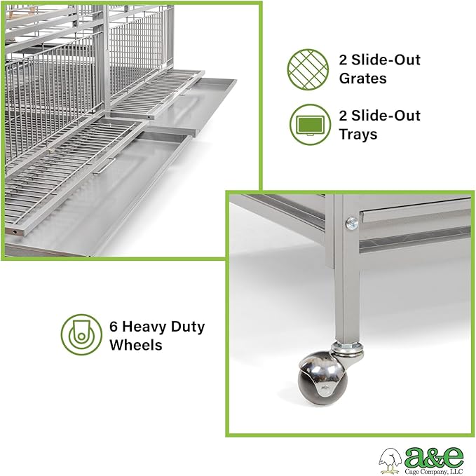A&E Cage Co 8040FL Platinum Double Macaw Cage – 80"x40"x74" Extra Large Parrot Cage with Removable Divider, 4 Swing-Out Feeder Doors, Stainless Steel Bowls & Perches for Macaws, Cockatoos, Amazons