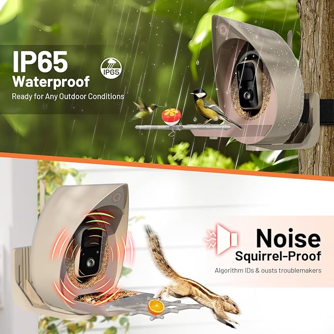 Smart Bird Feeder with Camera Solar Powered Outdoor - 2K HD Live Video, AI Bird ID (11,000+ Species), Squirrel-Proof, Instant Alerts & IP65 Weatherproof Outside, Great Gift for Birdlovers,Light Camel