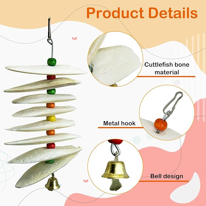 3 Pack Bird Toys with Cuttlebone,Parrot Toy Bird Beak Grinding Stone Parakeet Cage Accessories for Small & Medium Budgies Lovebirds Cockatiels (Flake,8 Per Skewer)