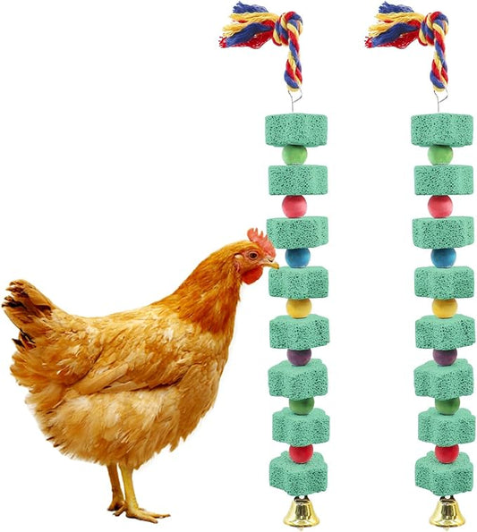 Oooct 2 Pack Large Chicken Chewing Toy, Chick Beak Grinding Calcium Stone with Bells, Chicken Cage Accessories, Cage Toys for Cockatiel Parakeet Parrot Budgies Rat Hamster Rabbit Bunny African Grey