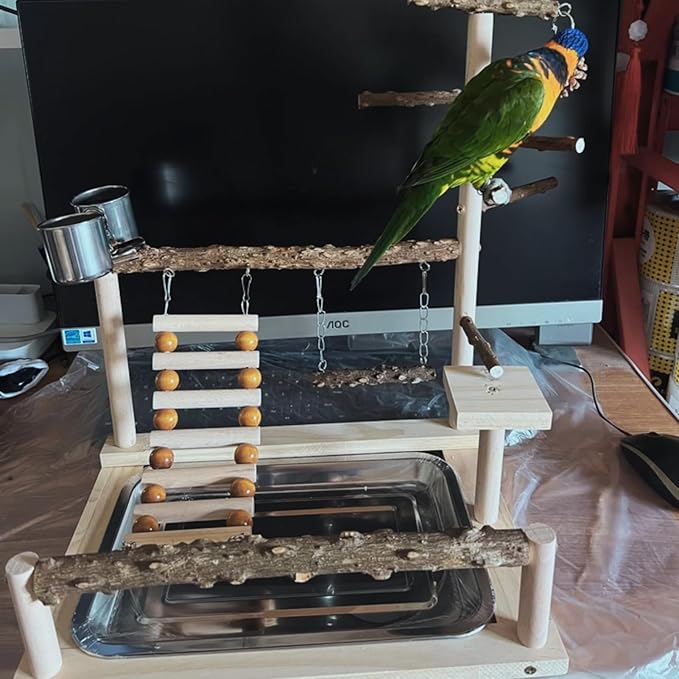 Bird Playground with Feeder Cups, Wooden Parrot Play Stand for Cockatiel, Parakeet