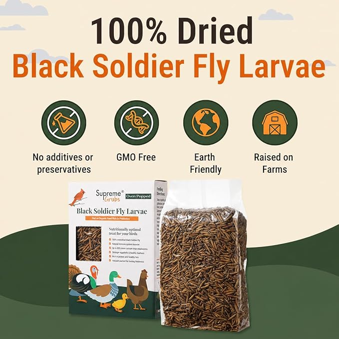 Dried Black Soldier Fly Larvae for Chickens, 85X More Calcium Than Mealworms, High Protein BSF Grub Chicken Feed Treats for Poultry, Hens, Ducks and Wild Birds, 10lb