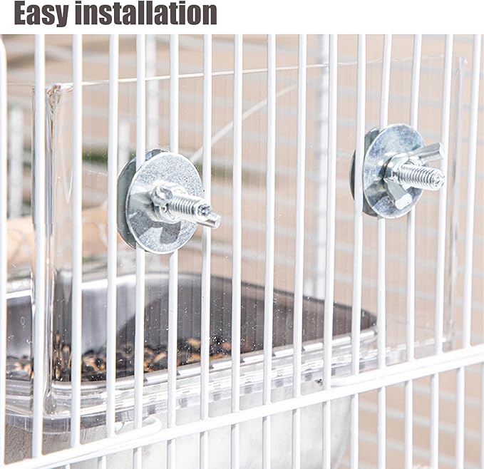 No Mess Bird Cage Feeder with Perch, No Spill Design Hanging Bird Feeders for Small Medium Birds, Easy to Clean Metal Seed Container with Secure Hooks for Indoor Cages Feeding, Two Small Bowls