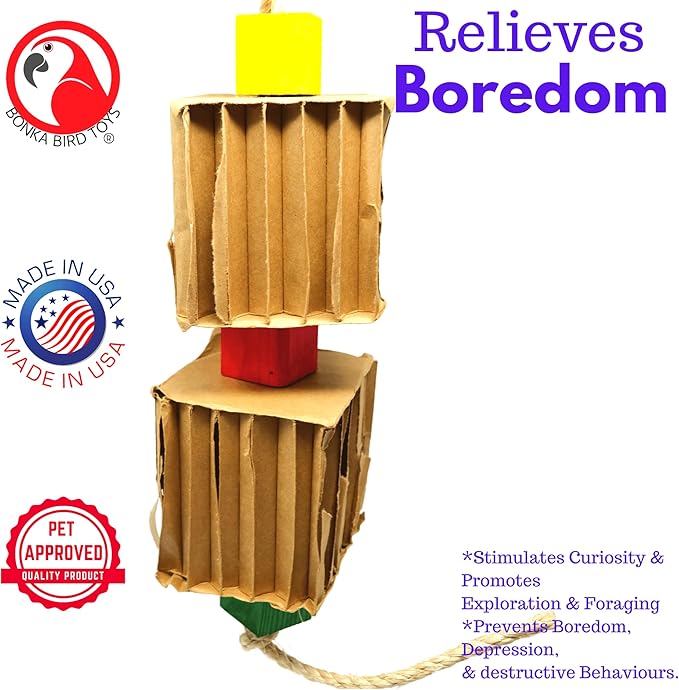 Bonka Bird Toys 3748 Big Duo Blocks N Cube Wood Hanging Chew Toy 12" Natural Hardwood and Rope for Medium to Large Parrots Cage Enrichment and Beak Conditioning