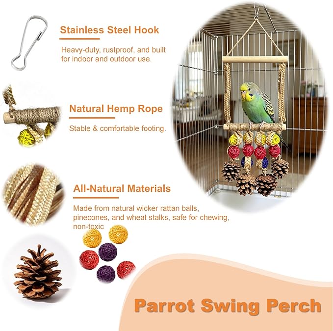 Bird Swing for Cage - Plant Style Parrot Toy with Sisal-Wrapped Perch, Natural Pine Swing with Multiple Plant Strands for Parakeets, Cockatiels, Budgies & Conures