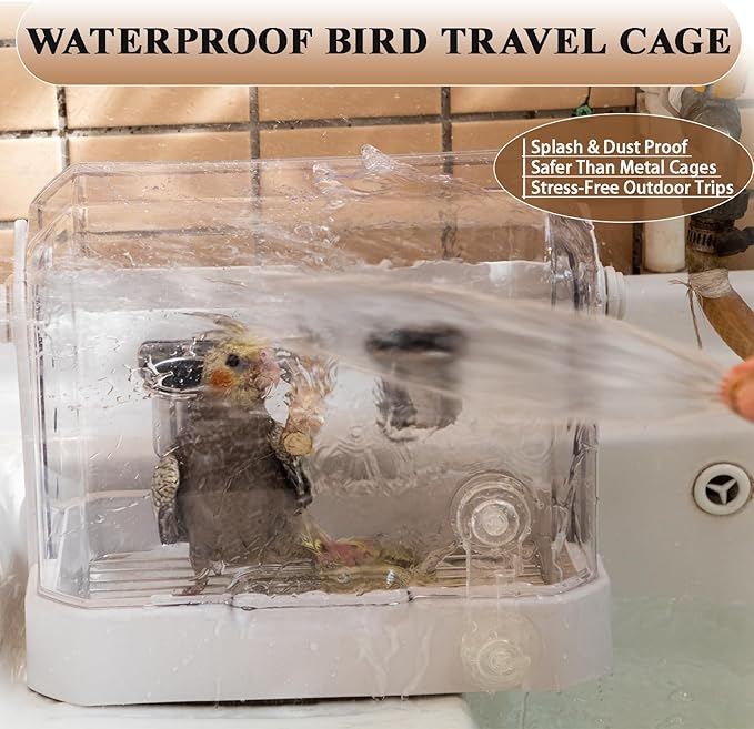 Bird Travel Cage, 10×6.7×8.3 Inches Waterproof & Sturdy Pet Carrier with Perch & Food Bowls, Portable Cage for Budgies, Cockatiels, Lovebirds & Small Birds