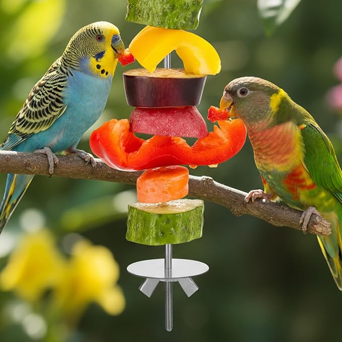 Parrot Fruit Vegetable Skewer, Bird Cage Food Holder, 3PCS Parrot Fruit Stick Feeder Stainless Steel Bird Cage Feeder Foraging Toy with Hook for Parakeet Budgie Macaw (5.98/7.87/9.84 Inch)