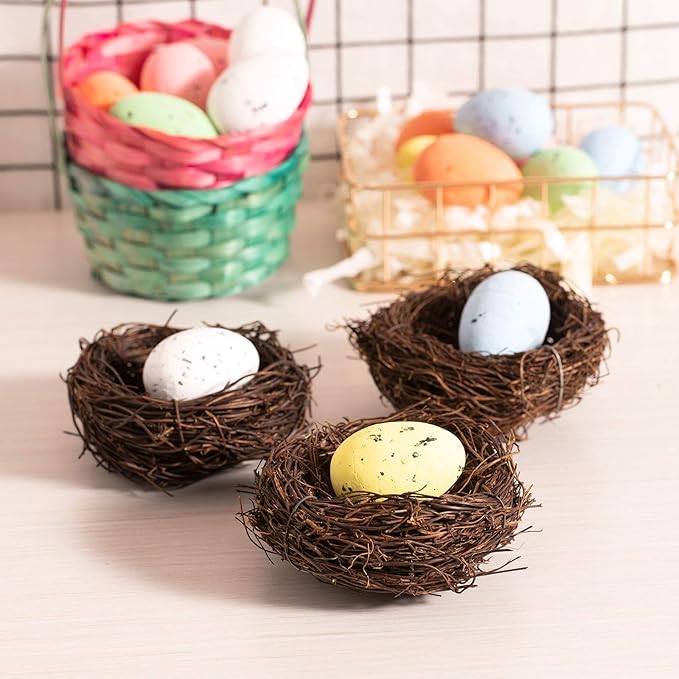 Whaline 3 Set Easter Bird Nest Decoration Kit with 6 Artificial Egg Foam Eggs Ornaments Rattan Woven Birds Nest for Crafts Home Spring Party Decor