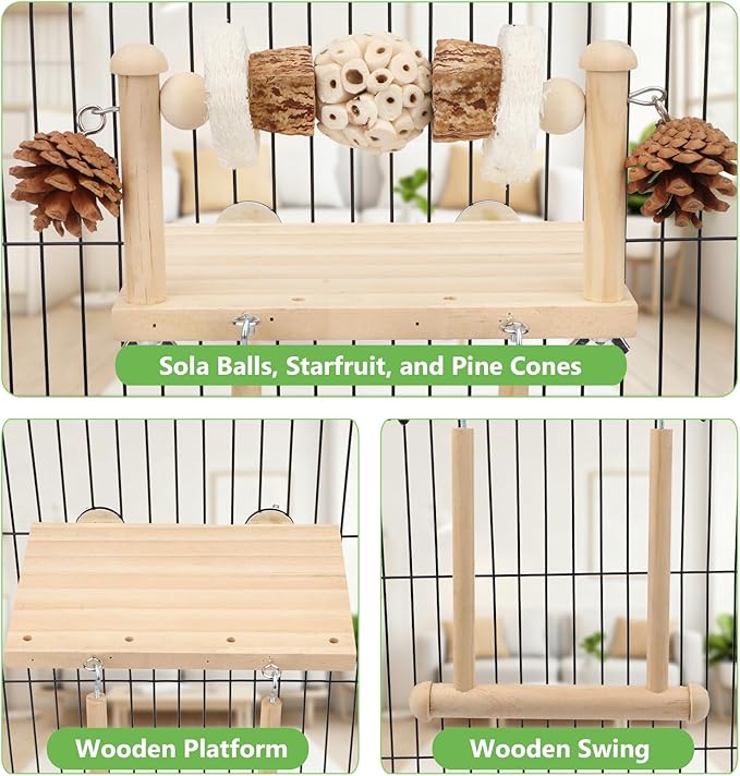 Litewoo Bird Perch Wooden Platform Bird Swing Chew Toys Play Gyms Exercise Stands Hanging Parrot Swinging Perches Conure Cage Accessories for Parrot Parakeet Conure Lovebirds Budgie (Single Sola Ball)