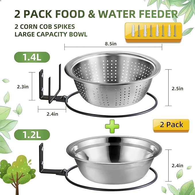 2 Pack 8.5"/1.4L Squirrel & Bird Feeder Combo - 1 Metal Food Bowl with Colander System + 1 Water/Bath/Swim Tray | Tree/Fence Mounted Perfect for Outside | Removable Easy Clean Wildlife Delight