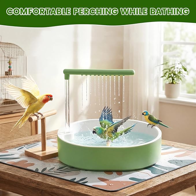 Bird Shower Bath Set for Budgies, Cockatiels & Small Parrots, Indoor Bird Bath Shower with Waterproof Splash Mat, Bird Perch Stand and Bath Accessories
