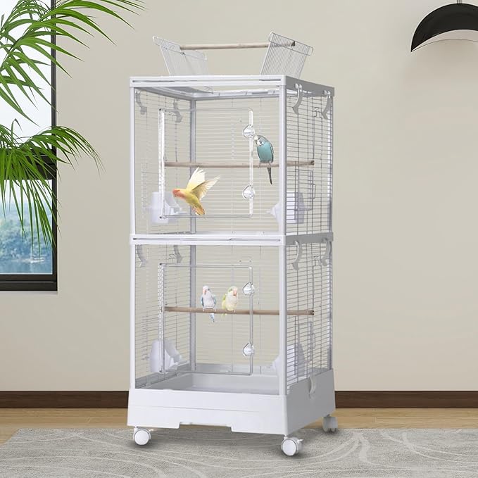 Large Double-Layer Bird Cage with Removable Tray, Rolling Stand, Perches, Feeding Bowls, Spray Guard, Play Roof – Easy-Clean 100x46x46cm Aviary for Budgies, Canaries, Parakeets – White