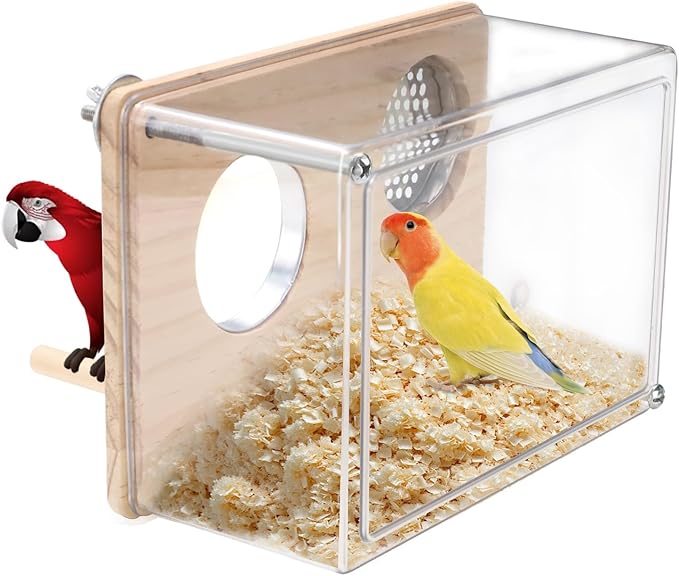 Parakeet Nesting Box for Cage, High-Transparent PET Parakeet Nest, Versatile Bird Houses for Canary, Lovebird and Parrot, Bird Boxes for Nesting with Wood Perch, Bird Cage Accessories (L, Rectangle)