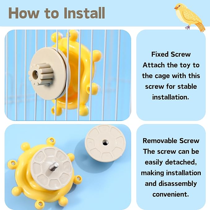 Spinning Bird-Toys Bird Cage Toys & Bird Perch Parrot-Parakeet Budgie Cockatiel Conure Macaw Chicken Parrot Enrichment Cage Accessories Small Animal Chewing Toy (Yellow Star)