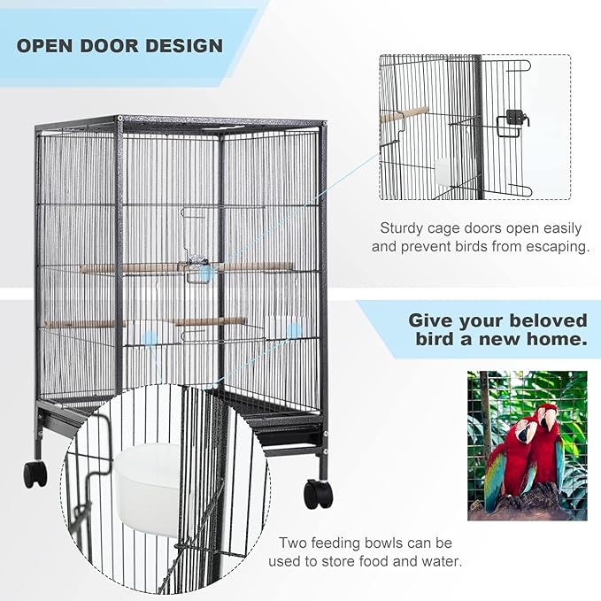 Bird Cage 35 Inch Wrought Iron Birdcages Play Top Flight King Bird Cage for Parakeets Cockatiels Parrot Green Cheek Conures Pigeons Lovebird with Rolling Stand