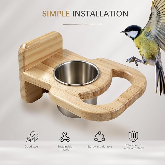 Bird Feeding Cup with Platform, Hanging Stainless Steel Parrot Feeding Bowl, Wooden Perch Stand, Bird Cage Food and Water Feeder for Parakeets, Cockatiels and Lovebirds