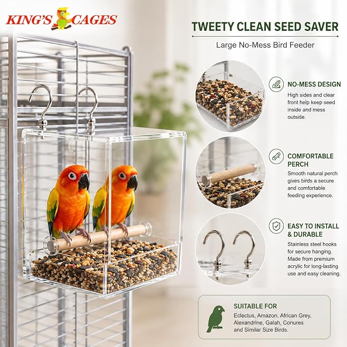 Bonka Bird Toys Large Tweeky Clean Bird Seed Feeder, 7.87" H x 7.75" W x 7.87" D, Durable Plastic with Textured Perch, Ideal for Medium to Large Bird Breeds, Indoor/Outdoor Cage Use
