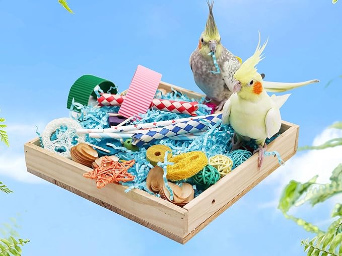 Jinkoozz Bird Foraging Toys Box, Wooden Parrot Shredding Toys Box, Bird Chewing Toys, Birdcage Accessories, Suitable for Small Birds Parakeets Cockatiels Love Birds Conures