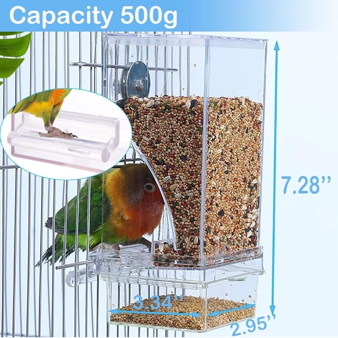 Bird Parrot Feeders, No Mess Automatic Cage Feeder Dispenser Food Container, Auto Bird Seed Bowl for Small Medium Birds, Cockatiel Canary Cockatoos Parakeet Conure Lovebird, Acrylic Clear (Feeder)
