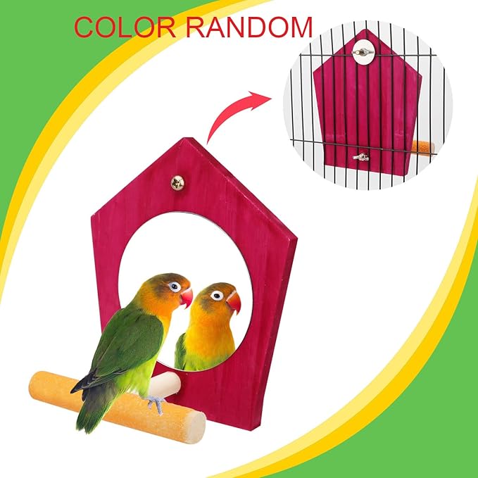 Bird Parrot Mirror Toy with Perch Parrot Parakeet Budgies Cockatiel Conure Finch Lovebird African Grey Macaw Amazon Cockatoo Birdcage Wood Stand Hanging Cage Accessories (Color Random)
