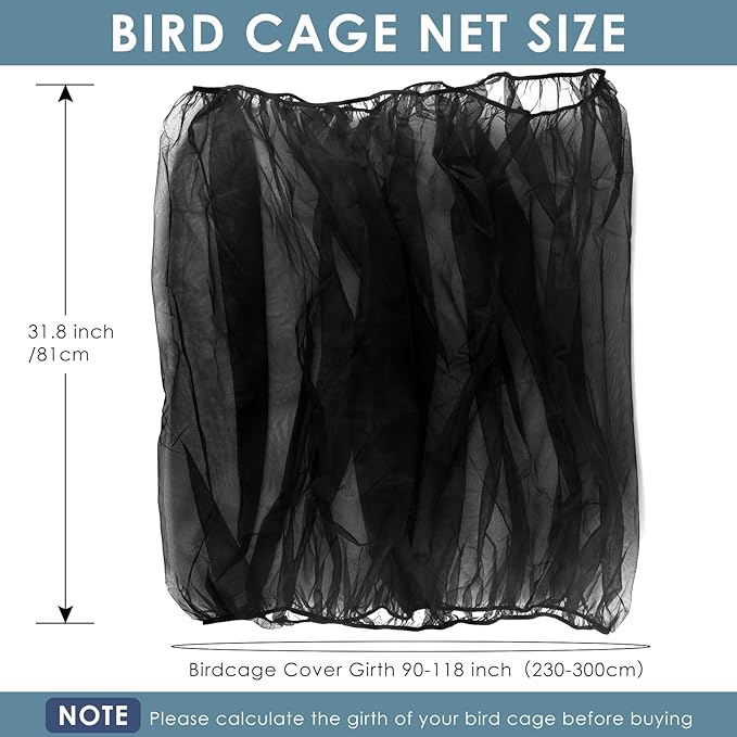 Bissap Bird Cage Seed Catcher, 90-118‘’ Universal Birdcage Net Nylon 31.8'' H Adjustable Elastic Band Stretchy Skirts Mesh Cover for Parrot Cage Seed Guard (Not Include Birdcage)- Black