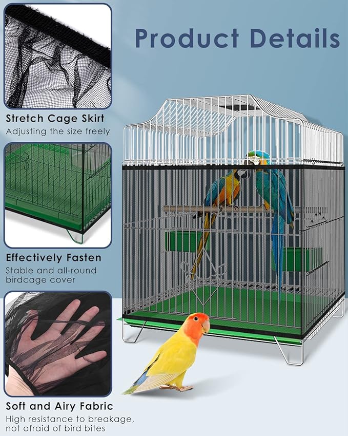 Bissap Bird Cage Seed Catcher, Universal Birdcage Net Nylon Adjustable Elastic Band Stretchy Skirts Mesh Cover for Parrot Cage Seed Guard (Not Include Birdcage)- Black