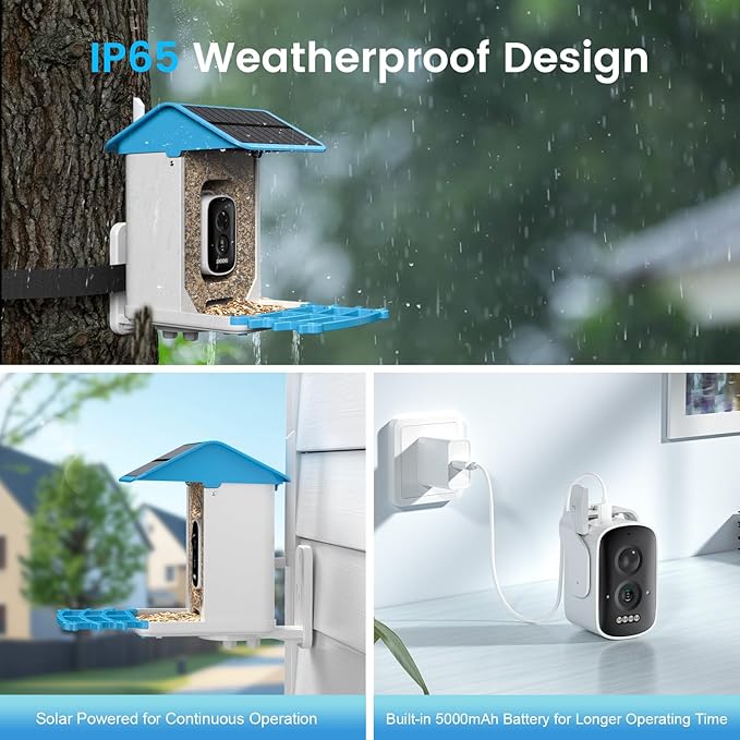 Smart Bird Feeder with Camera, Solar Powered, AI Recognition, Auto-Capture & Instant Notify, Identify 11,000+ Birds, 2K HD Footage, for Bird Enthusiasts, Outdoor Garden.