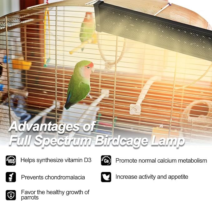 Bird Light for Cage,Full Spectrum LED Birdcage Lighting,Bird Lamp with Intelligent Cycle Timing,Natural Sunlight Simulation,Chew-Proof Design,Bird Cage Accessories for Captive Birds Parrots(22" Long)