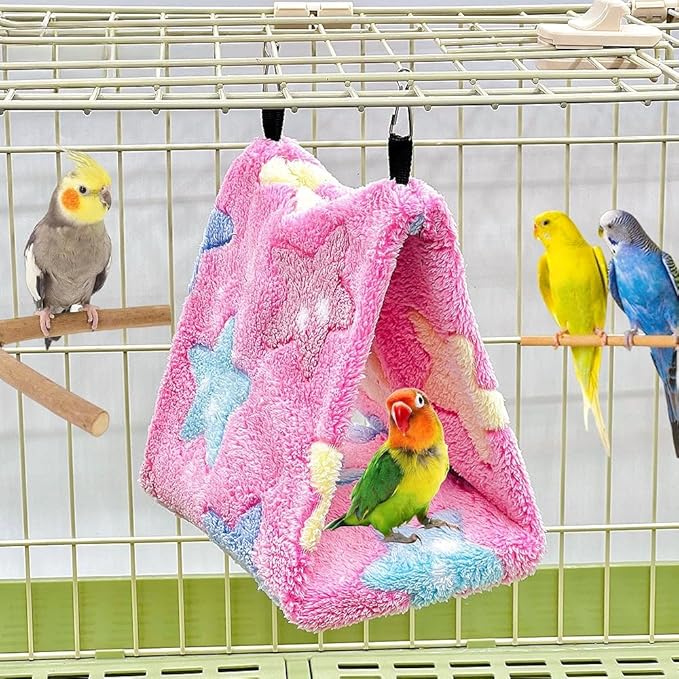 2 Pack Warm Bird Nest Plush Snuggle Bird Hammock Hanging Bird Cave Parrot Sleeping Bed Shed Hut Hanging Tent for Budgies Finch Parakeet Cockatiel Cockatoo Lovebird-Star Pattern (Pink&Green)