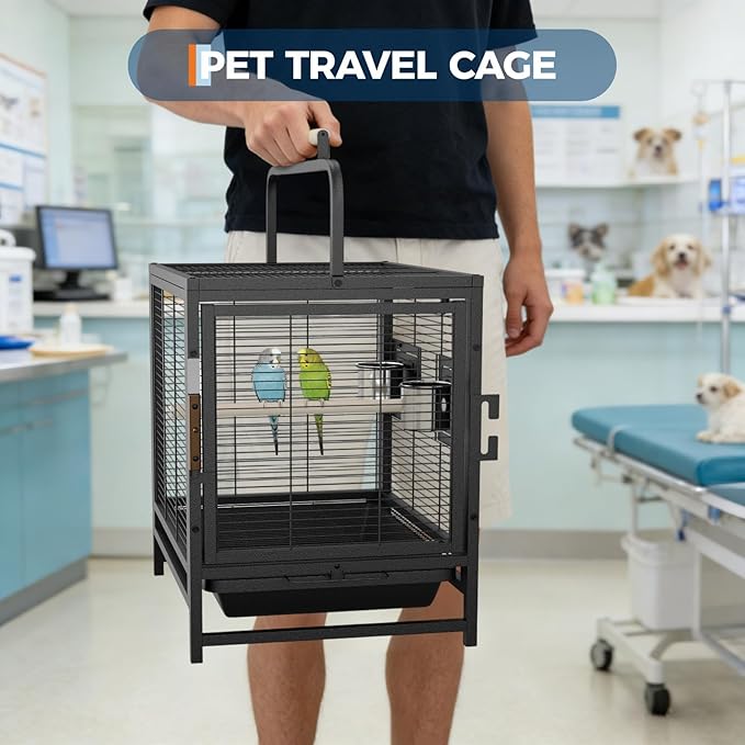 Large Bird Cage, 71" h Rolling Birdcage with Play Top & Storage Cabinet, Wood Parakeet Cage for Macaw Parakeet Parrot Cockatiel Budgie (Black)