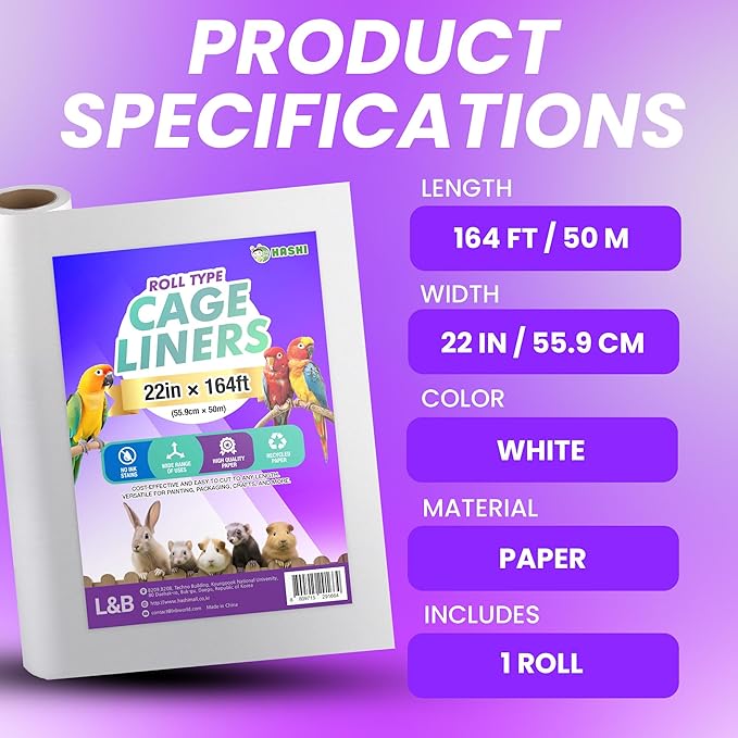 HA SHI Bird Cage Liners - Non-Toxic, Ink-Free Newsprint Paper for Parrots & Small Animals (164 ft Roll - 22" Wide (Trim-to-Fit))
