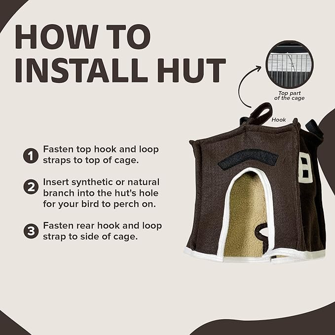 Crazy K Farm - Avian Haven Bird Hut, Comfy Bird Snuggle Hut, Plush Pet Bird Hut for Sleeping and Snuggling, Hanging Bird Cage Hut with Sherpa, Cozy Bird Cage Accessories Large, Brow