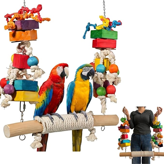 4lb Heavy Duty Bird Toys for Large Parrots - 21.6" Giant Refillable Parrot Toy Swing for Macaws & Cockatoos, Large Natural Wooden Block Chew & Shredding Toy,Beak Health