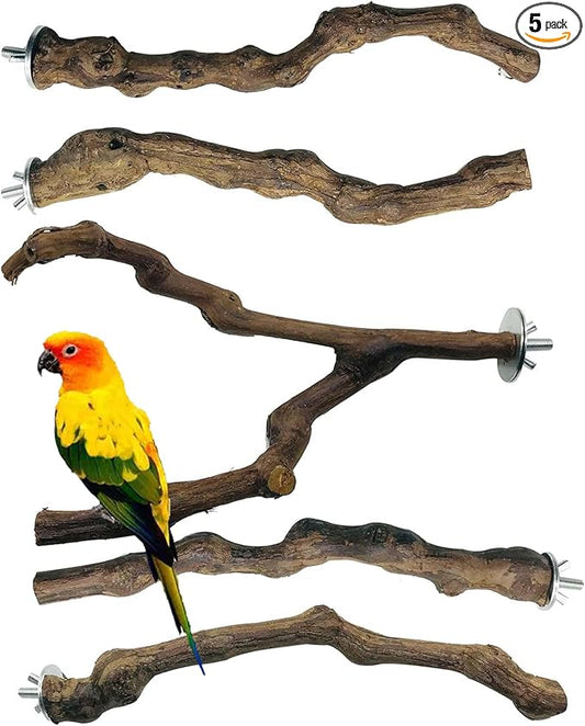 5 PCS Natural Grape Stick Perch Swing Chewing Toys for Parrot Cages, Cockatiels, Parakeets, Finches - Bird Standing Stick