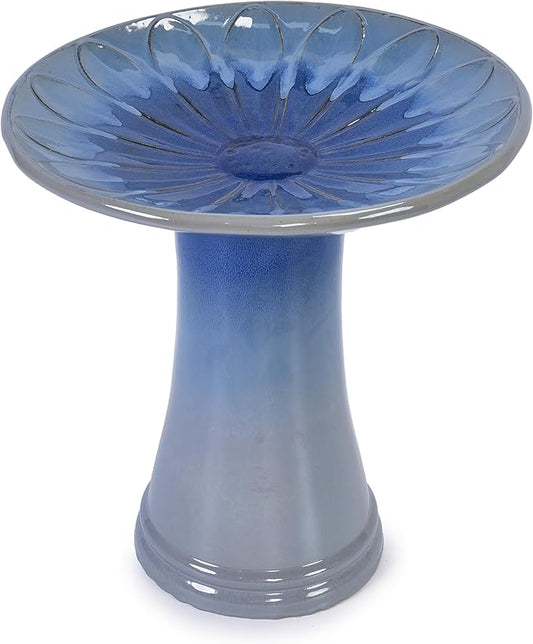 Ceramic Bird Bath for Outdoors, 18" H Weather-Resistant Birdbath for Garden Bird Watching, Pedestal Glazed Birdbaths, Ombre Blue