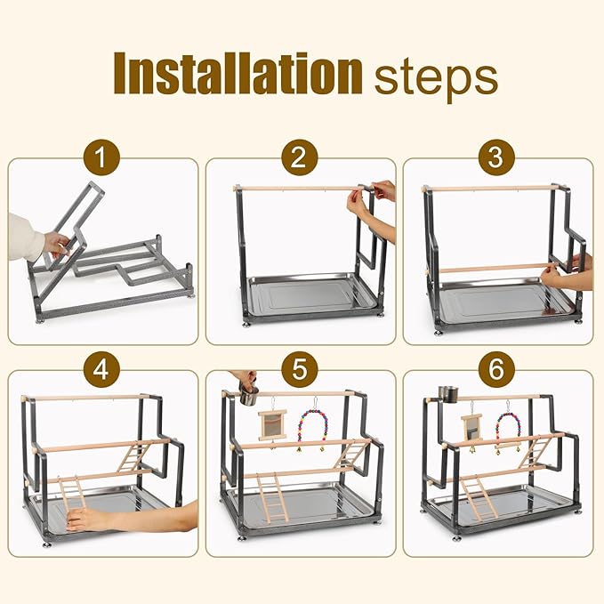 halinfer Bird Playground for Indoor Use, Table Collapsible Bird Playstand for Top of Cage, Mirrow Swing Cups 2 Ladders for Small to Medium Size of Cockatiel Parakeet Conure (Wood Ladder)