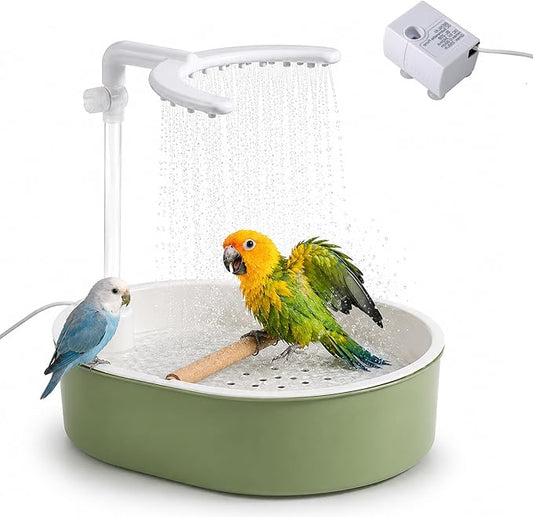 Automatic Bird Bath Shower, USB Pump Adjustable Flow Parrot Parakeet Fountain Wood Perch for Cockatiel Budgie Conure Indoor Cage