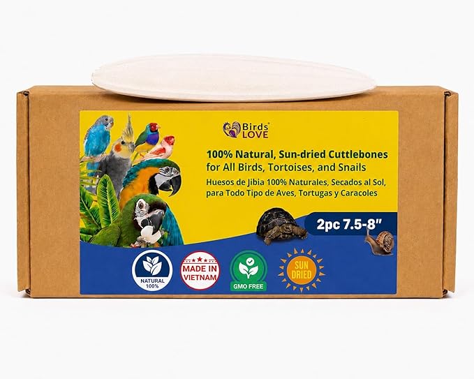 Birds LOVE 7.5-8" Cuttlebone for Birds – 100% Natural Sun-Dried Calcium Carbonate Mineral Supplement – for Parakeets, Budgies, Cockatiels, Finches & Canaries – 2 Pack with Holder – Made in Vietnam
