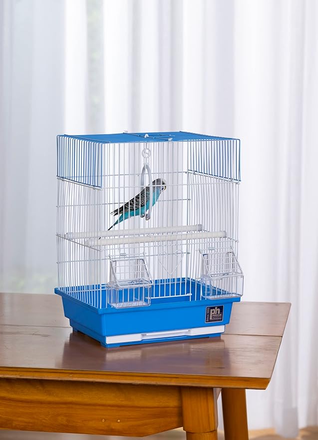 Prevue Pet Products Parakeet Square Roof Bird Cage with Handle - Carrier for Home or Travel, Small Bird Accessories, Easy Storage, for Canaries, Budgies, Finches, Parakeets, and More - Blue & White