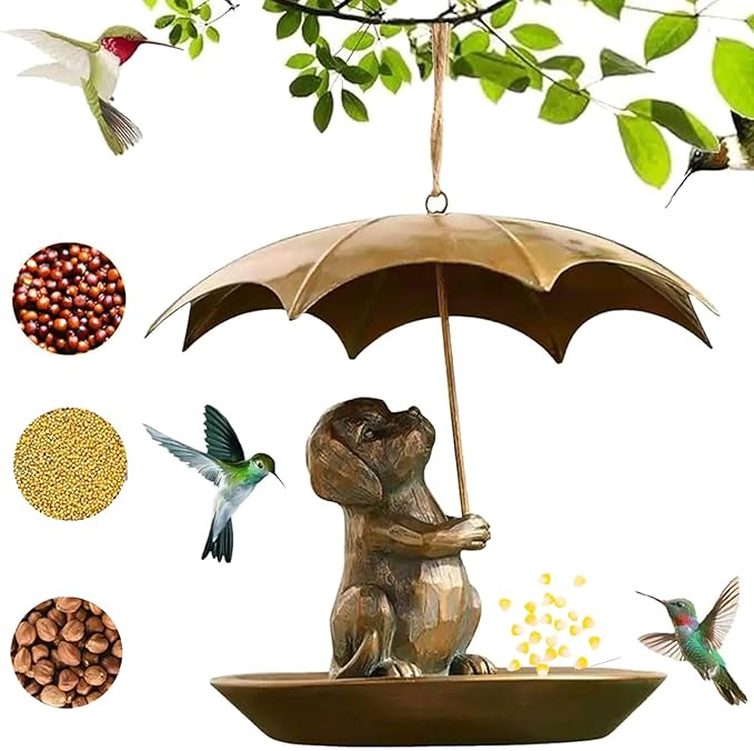 Animal Bird Feeder with Umbrella, Metal Squirrels Feed,Squirrel Umbrella Birds Feeder Birds Feeds for Outdoors Funny Cat Dog for Home Outdoor Decoration and Bird Enthusiasts (Dog)