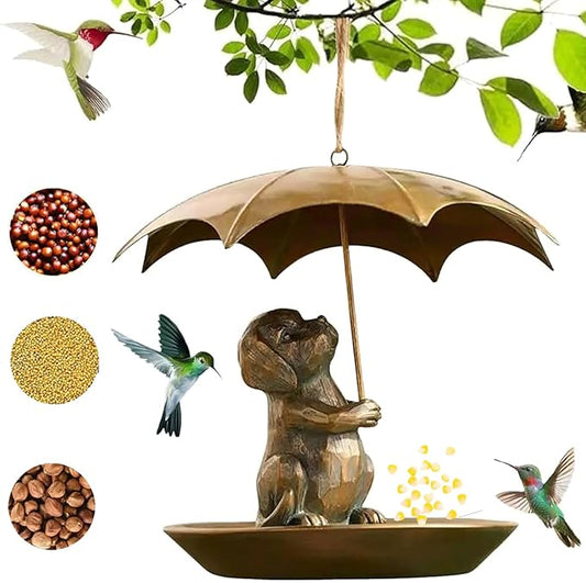 Animal Bird Feeder with Umbrella, Metal Squirrels Feed,Squirrel Umbrella Birds Feeder Birds Feeds for Outdoors Funny Cat Dog for Home Outdoor Decoration and Bird Enthusiasts (Dog)