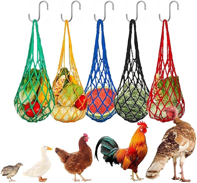 Chicken Vegetable Hanging Feeder, Chicken Vegetable and Fruit String Bag, Chicken for Chicken Cabbage Feeder, Hanging Chicken Feeder with Hook for Hens Duck (5 Pcs-Mix)