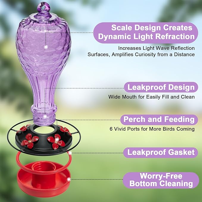 20 oz Hand-Blown Glass Hummingbird Feeder, Hanging Hot Air Balloon Design, Leak-Proof Silicone Seal, Ant-Proof, Outdoor Garden Decor Gift for Mom, Purple