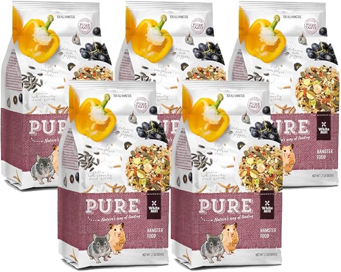 Witte Molen Pure Hamster Food Seed Mixture Mealworms, Sunflower Seeds, Puffed Rice, Grape Nuts, No Artificial Preservatives Dry Food, 1.7 lbs (5 Pack)
