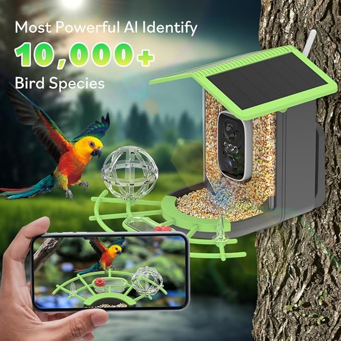 Smart Bird Feeder with Camera – AI Bird Recognition, 130° Wide Angle, Solar & USB Powered, IP65 Waterproof, Motion Detection, Night Vision, Two-Way Audio, Cloud Storage –Watching Gift for Nature Lover